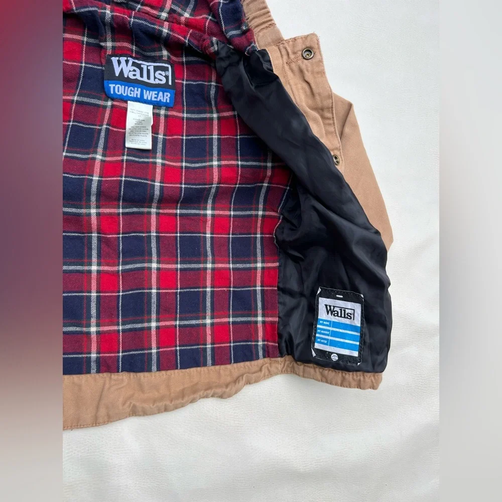 WALLS Tough Wear Tan Snap Flannel Red Plaid Lined Hooded Coat Jacket Boys Kids